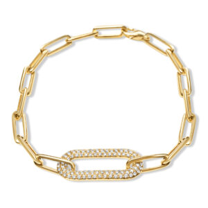 Paper Clip with Pave Diamond Center Link Bracelet in Yellow Gold