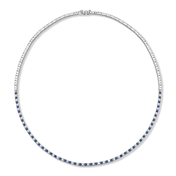 Round Diamond and Sapphire Tennis Necklace in White Gold