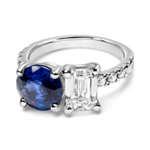Two Stone Sapphire & Diamond Ring in White Gold